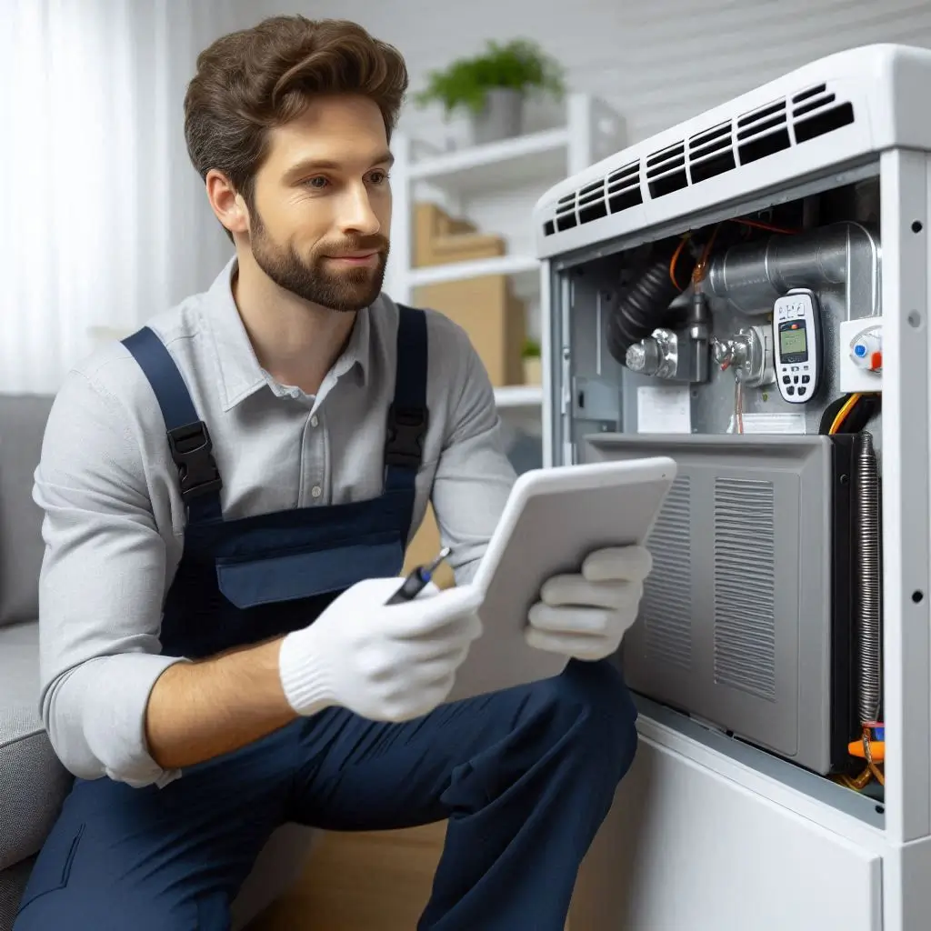 A professional HVAC technician in uniform checking a home’s furnace, using a diagnostic tool while explaining the issue to the homeowner.]