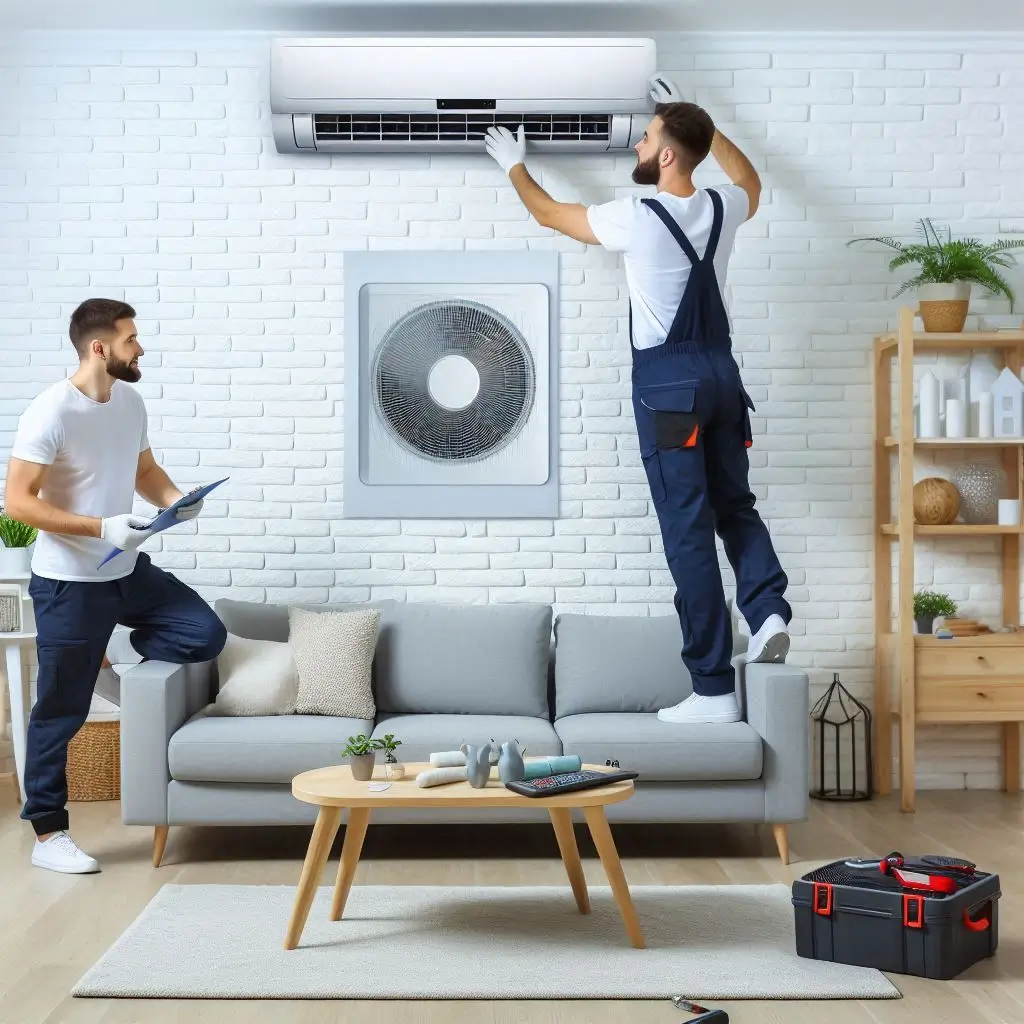 Create an image of a technician installing a ductless mini-split air conditioner in a living room, showing the efficiency and flexibility of ductless systems.