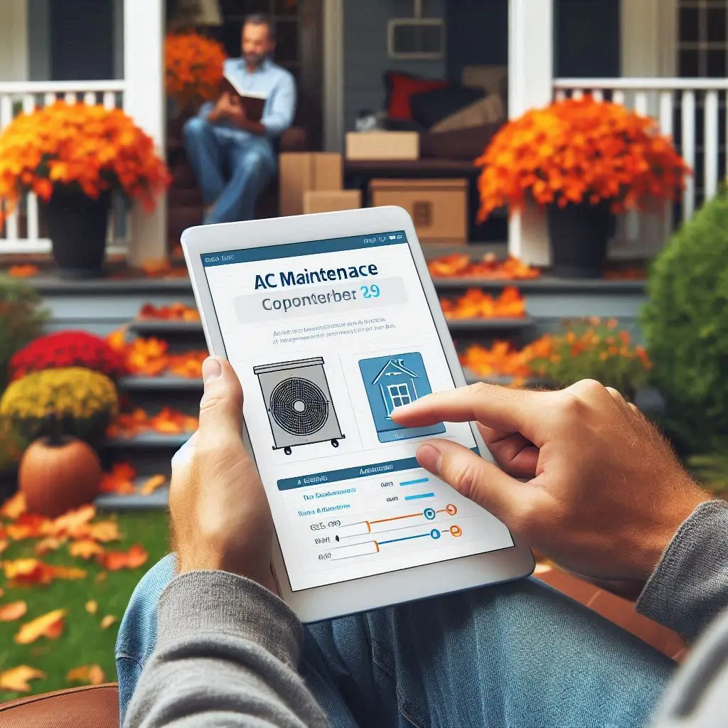 A homeowner scheduling an AC maintenance appointment on a tablet or smartphone in the fall, with autumn leaves visible outside.