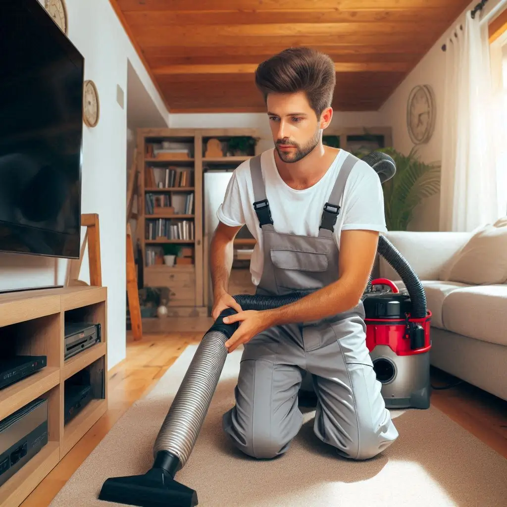 An HVAC technician using a professional vacuum system to clean air ducts inside a residential home, ensuring better indoor air quality.