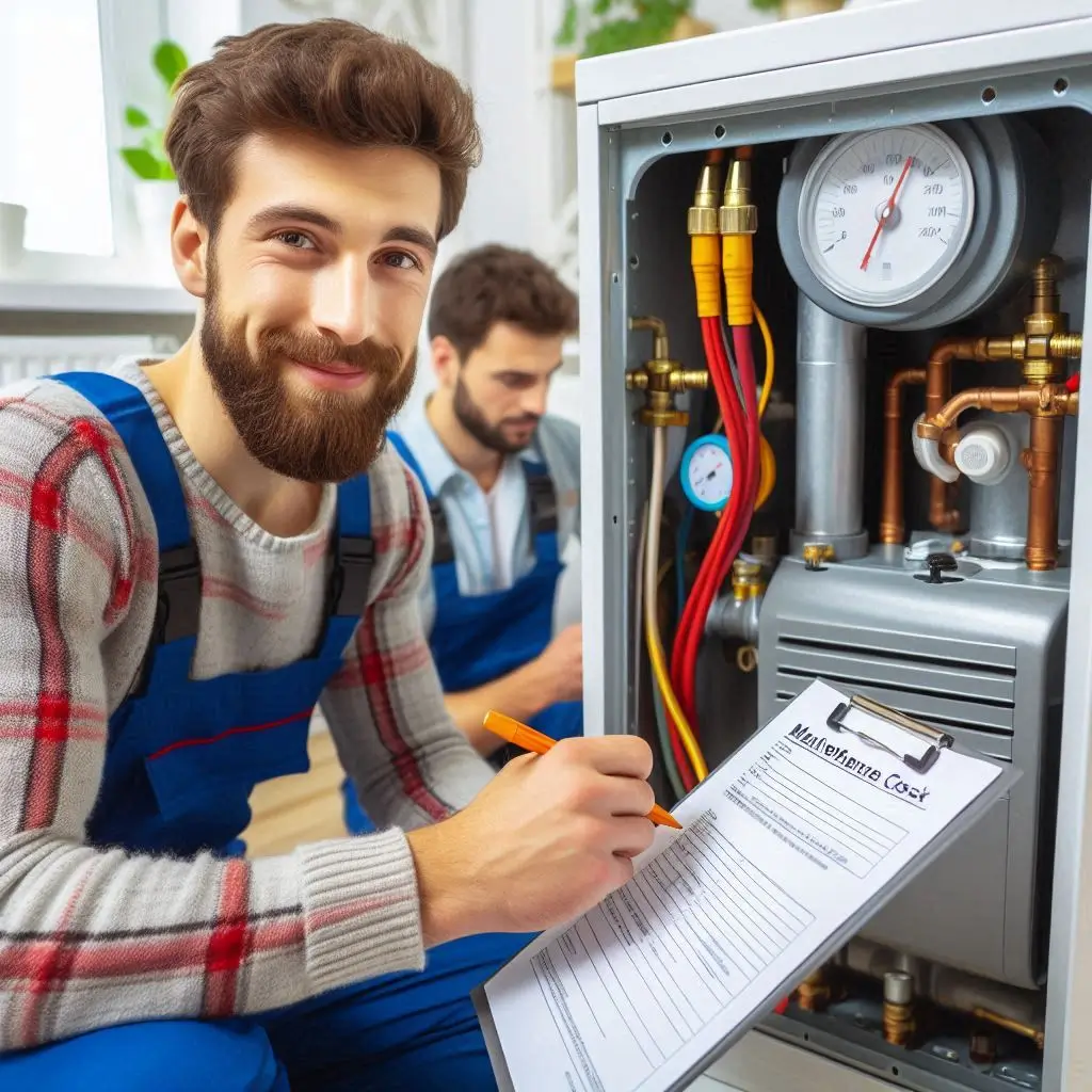  A technician performing a maintenance check on a residential heating system, with a checklist in hand.]