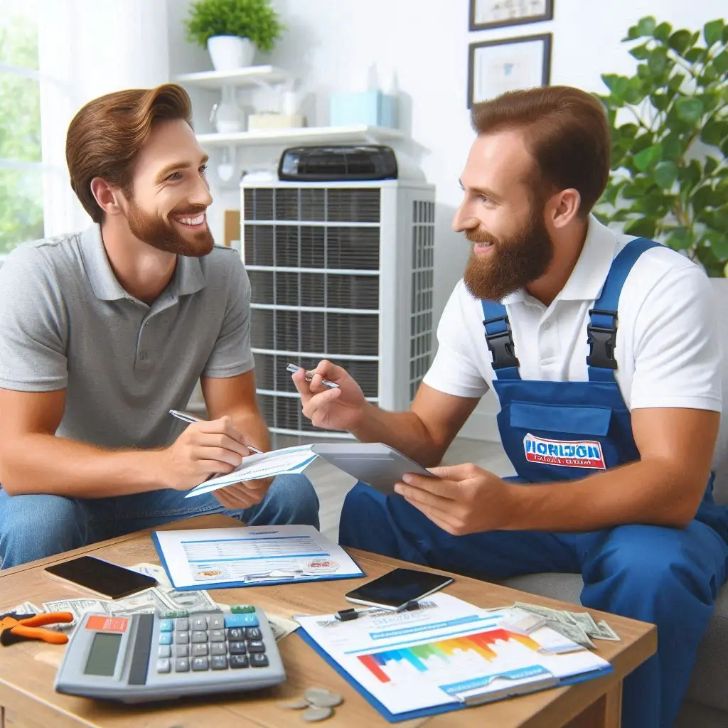 "A customer reviewing financing options with a Horizon Heating and Cooling technician, discussing affordable HVAC solutions and flexible payment plans."