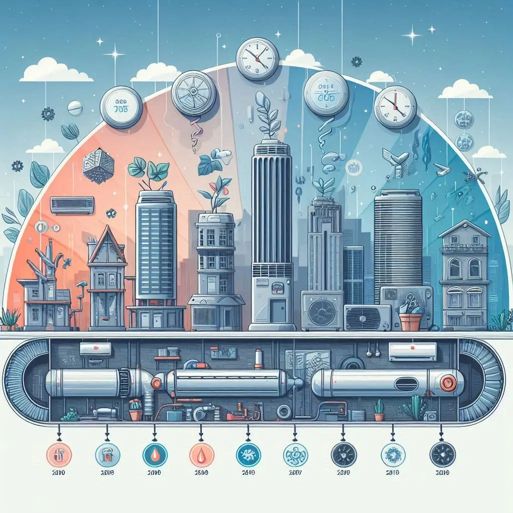 Image showing a timeline of an HVAC system’s lifespan, highlighting the typical durations of air conditioners, furnaces, and heat pumps.