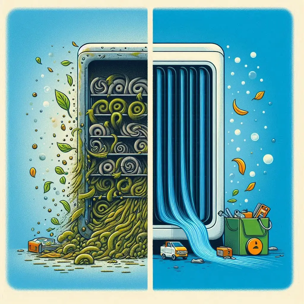 A split-screen comparison of two HVAC systems—one neglected and clogged with dirt, and another freshly serviced and clean. The serviced unit shows smooth airflow, symbolizing energy efficiency and better air quality.