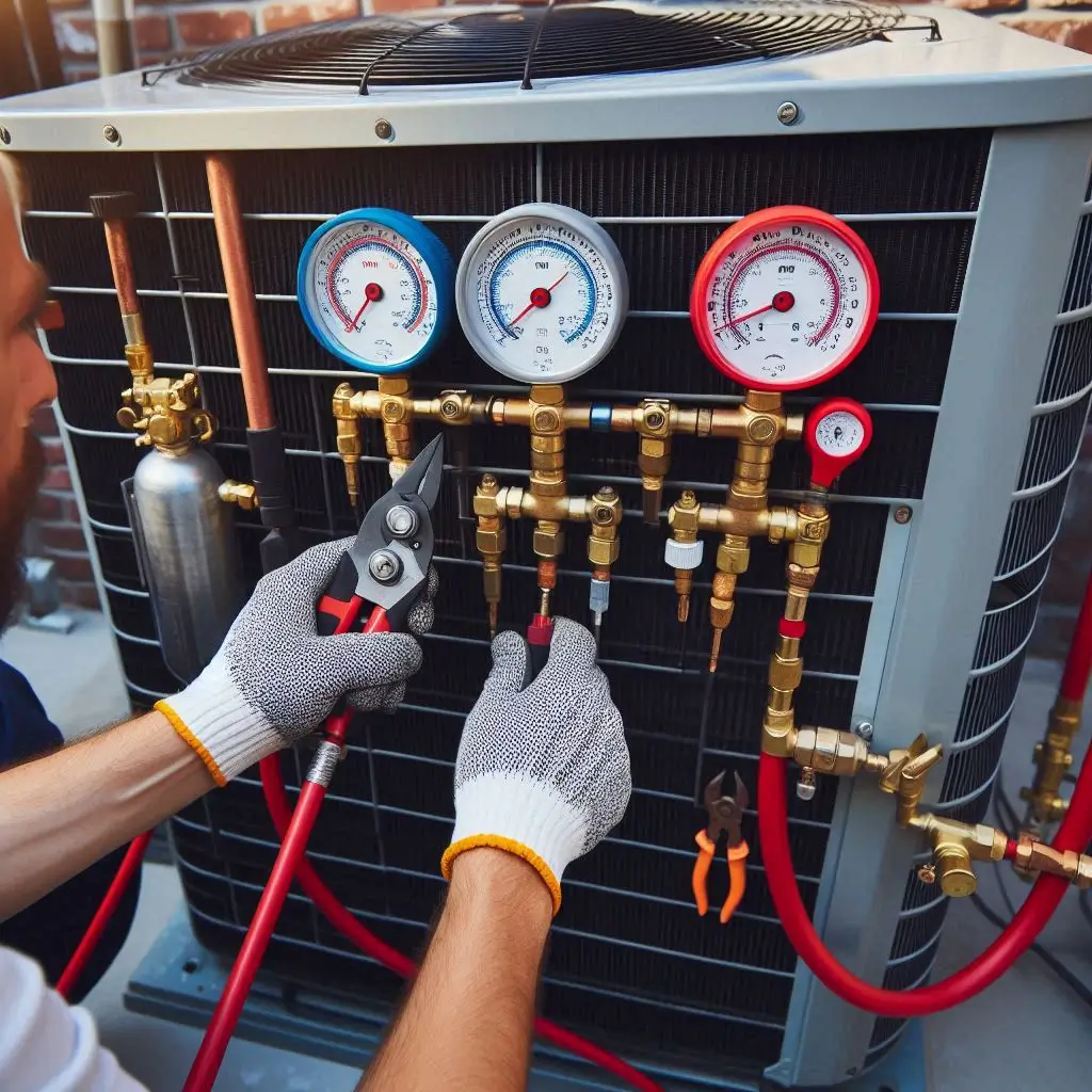 An HVAC technician using professional tools to check refrigerant levels in an outdoor AC unit, with gauges attached to the system.