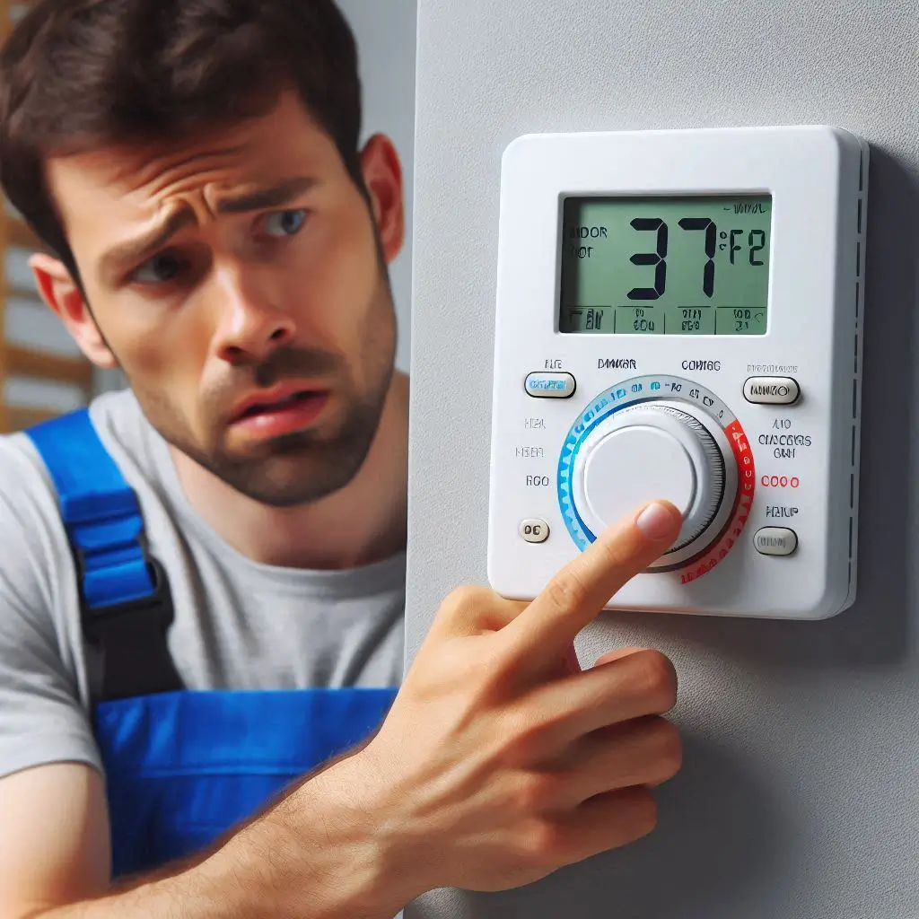 A person turning off the AC thermostat, showing concern while waiting for an emergency repair technician.