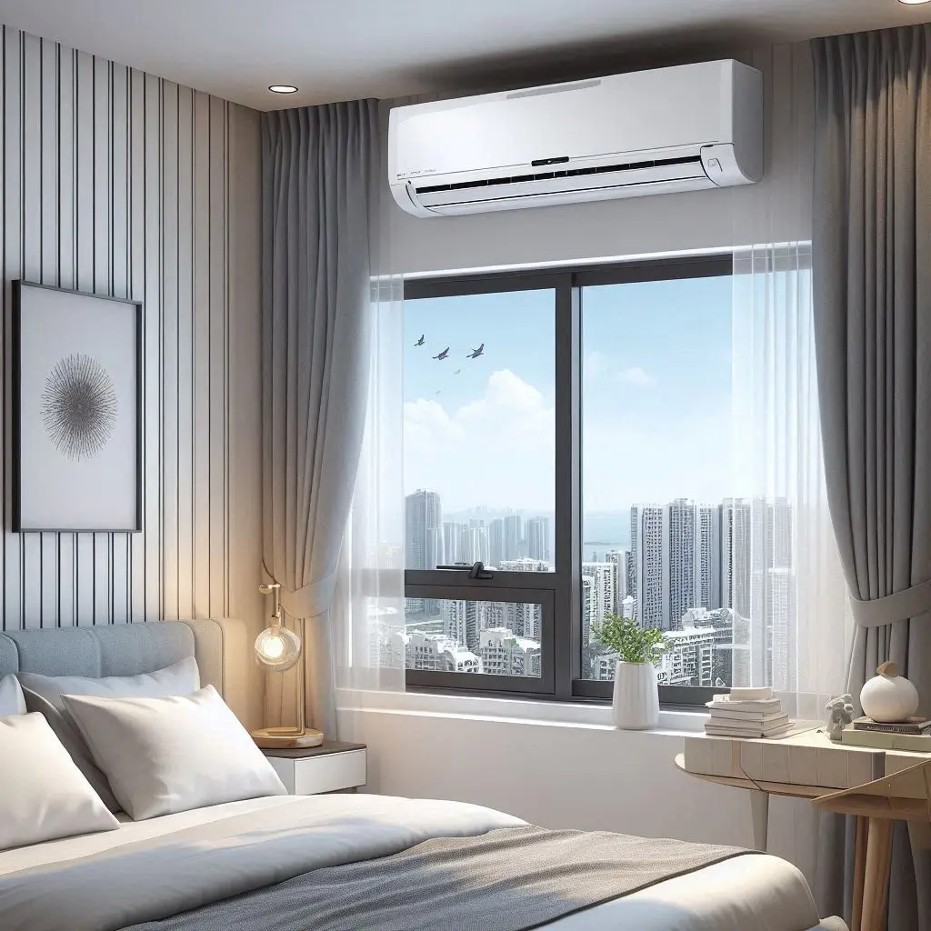 "An affordable window air conditioner being installed in a bedroom, showing the compact design and ease of installation."