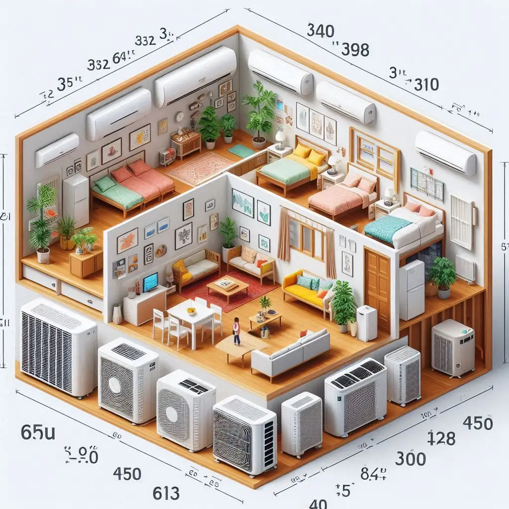 An image showing the size comparison of various air conditioner units with their corresponding BTU ratings and room sizes.