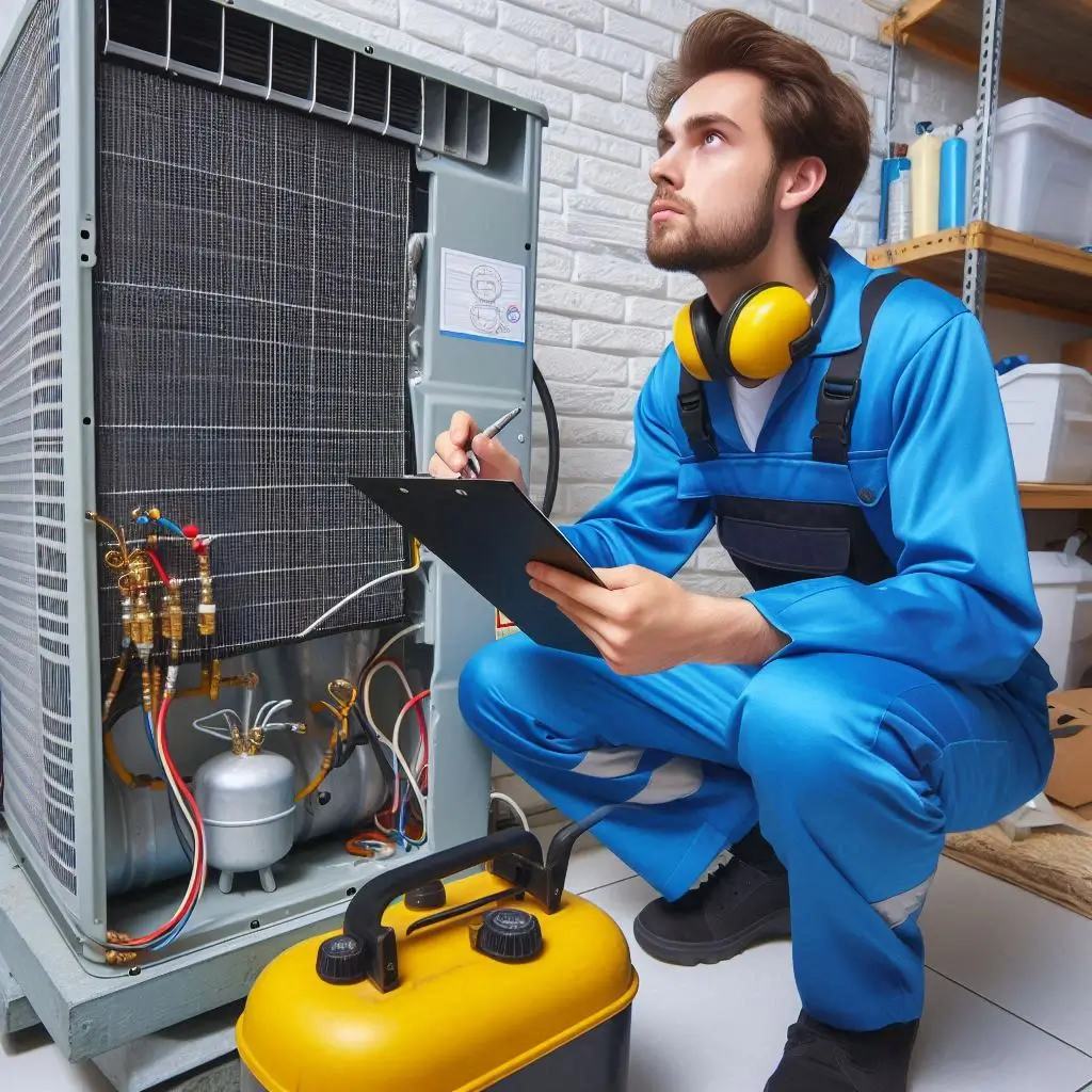 "A technician inspecting an air conditioning unit for refrigerant leaks and system efficiency after installation."