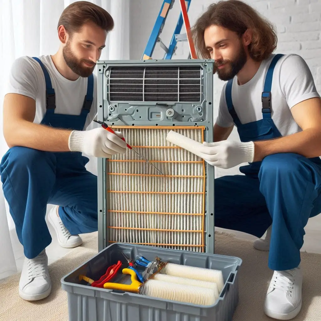 "A technician cleaning the air filters and inspecting the inside components of an air conditioning unit during regular maintenance."