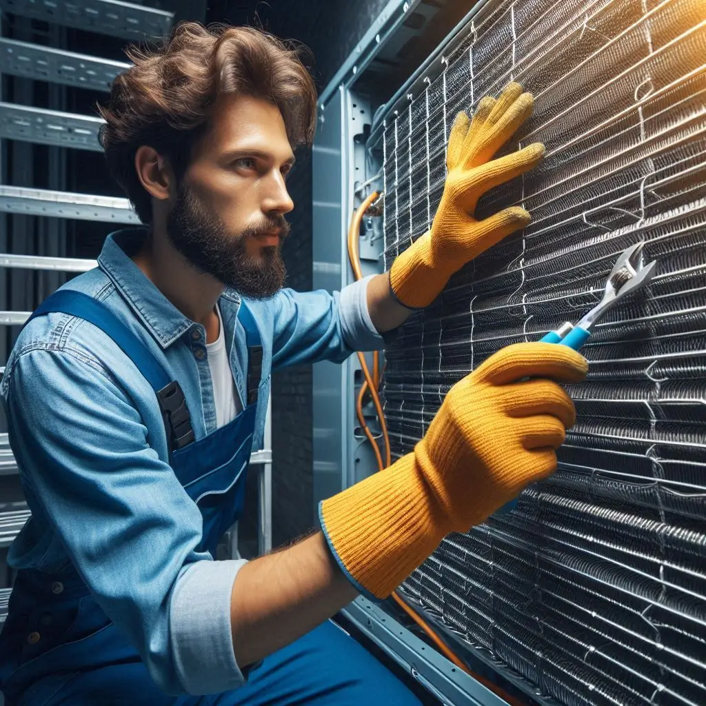 Generate an image of an HVAC technician cleaning the condenser coils of an air conditioner, highlighting the importance of regular maintenance for energy efficiency.