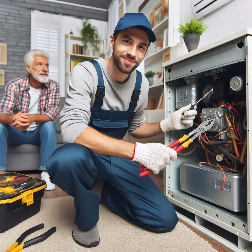 A professional HVAC technician in uniform, using tools to repair a home furnace while a homeowner watches with relief.]