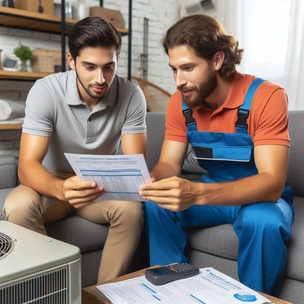 A customer reviewing an HVAC repair estimate with a technician, discussing transparent pricing before starting the repair work.