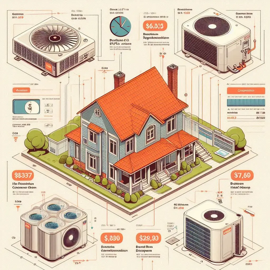 Image of a breakdown of HVAC replacement costs, showing the different price points for various systems (central AC, ductless, heat pump), with a chart of additional components like ductwork, installation, and brand choices.