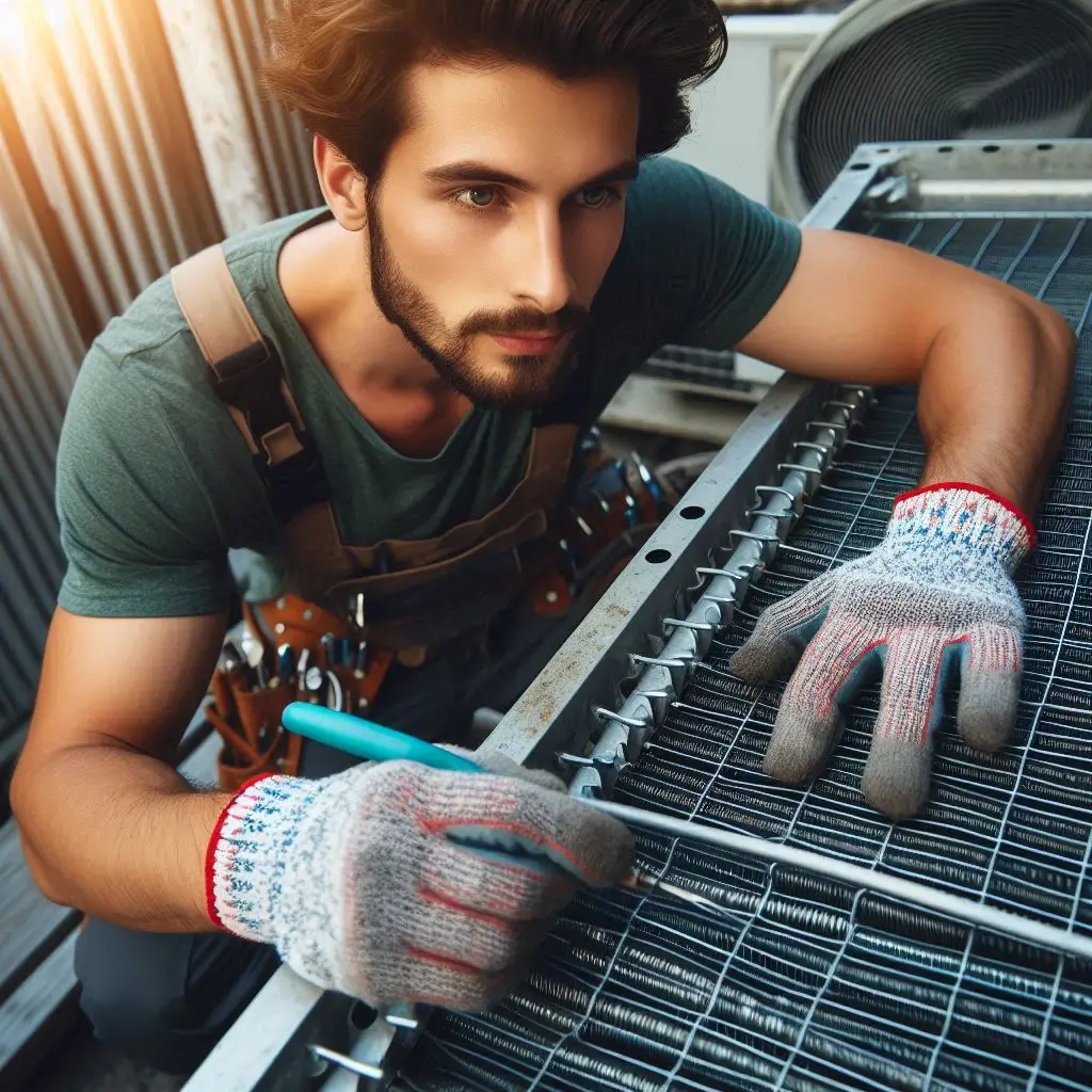 An image showing an HVAC technician cleaning or maintaining the condenser coils of a central air conditioning system.