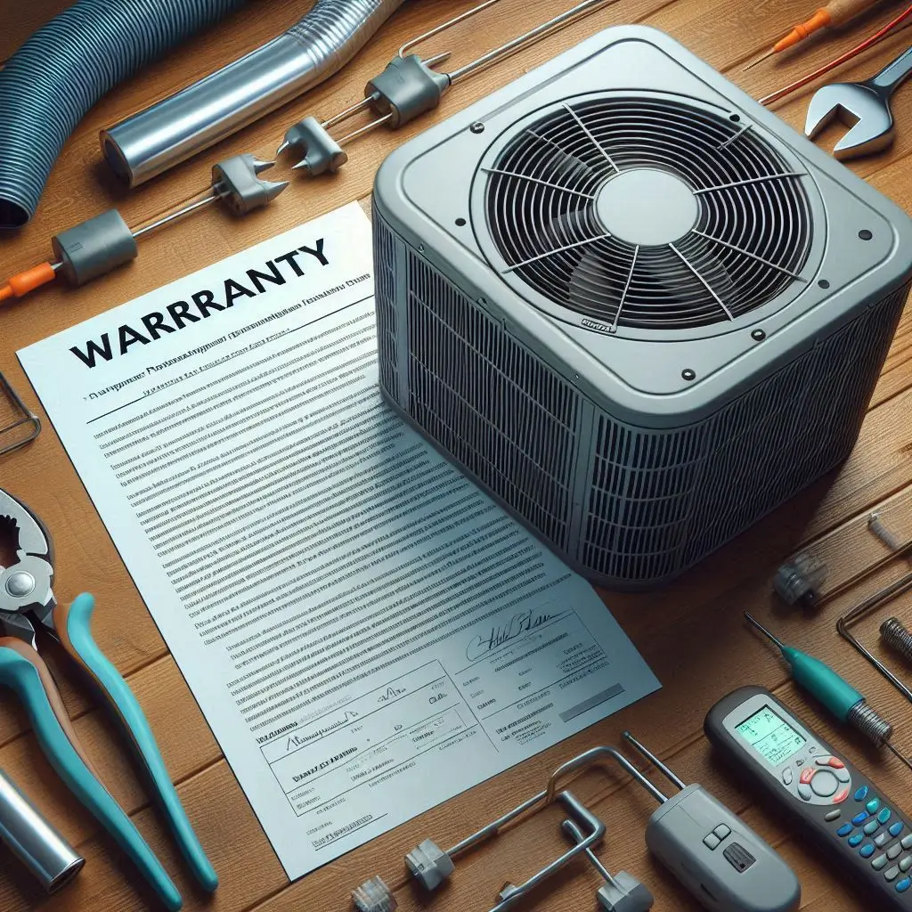 "A close-up of an AC unit with a warranty document in the background, highlighting the importance of professional installation for warranty protection."