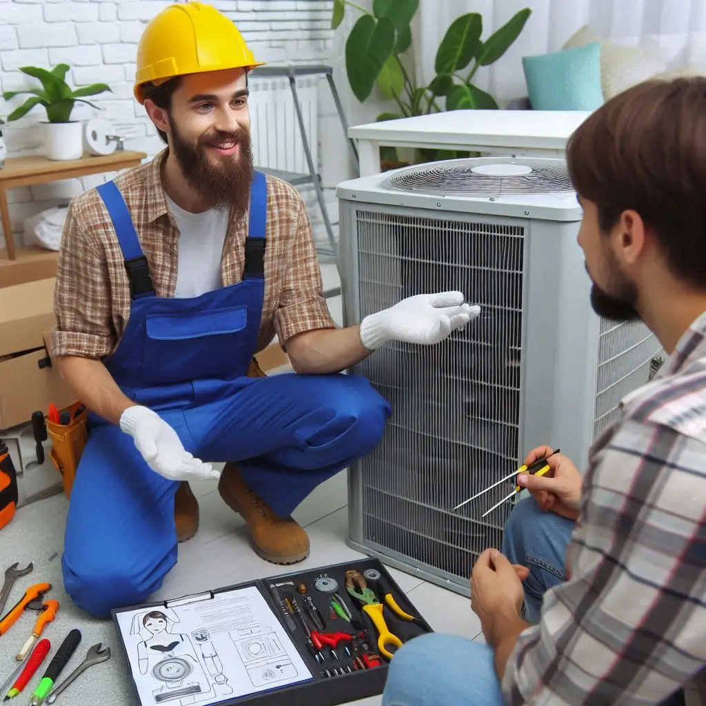 "An HVAC technician explaining the maintenance process to a customer, showing clear communication"