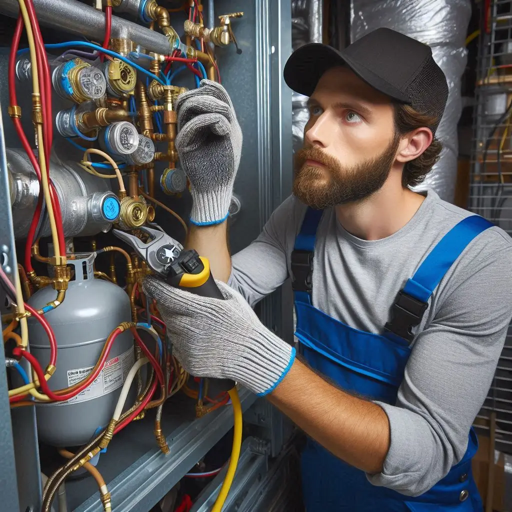 "An HVAC technician performing a comprehensive system inspection, checking refrigerant lines and electrical components."