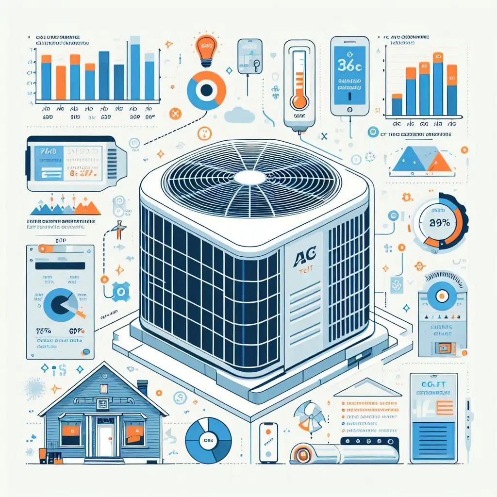 An infographic showing how factors like AC unit size, type, brand, and location affect replacement costs, with visual elements like home size and climate influence.