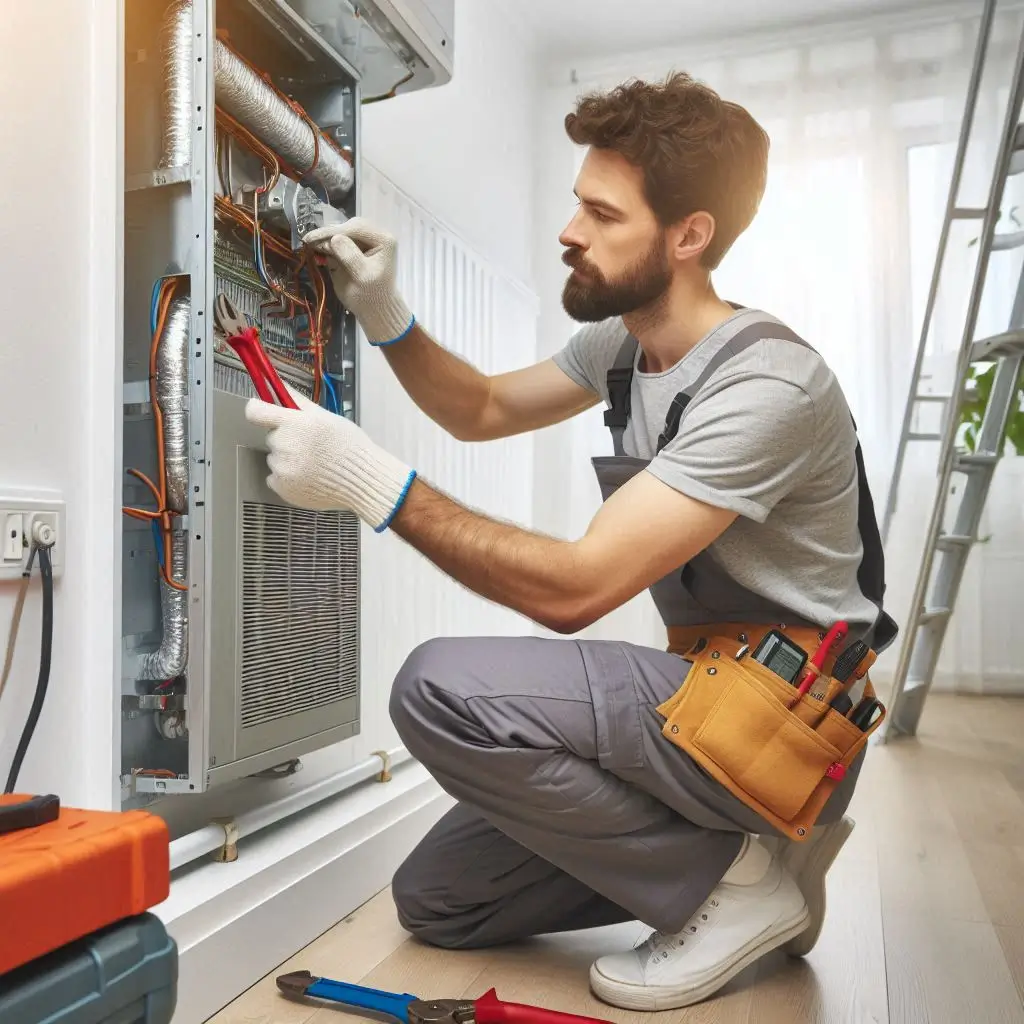 "A professional HVAC technician installing a new heating system in a residential home, using modern equipment and tools in a well-lit, clean indoor environment."