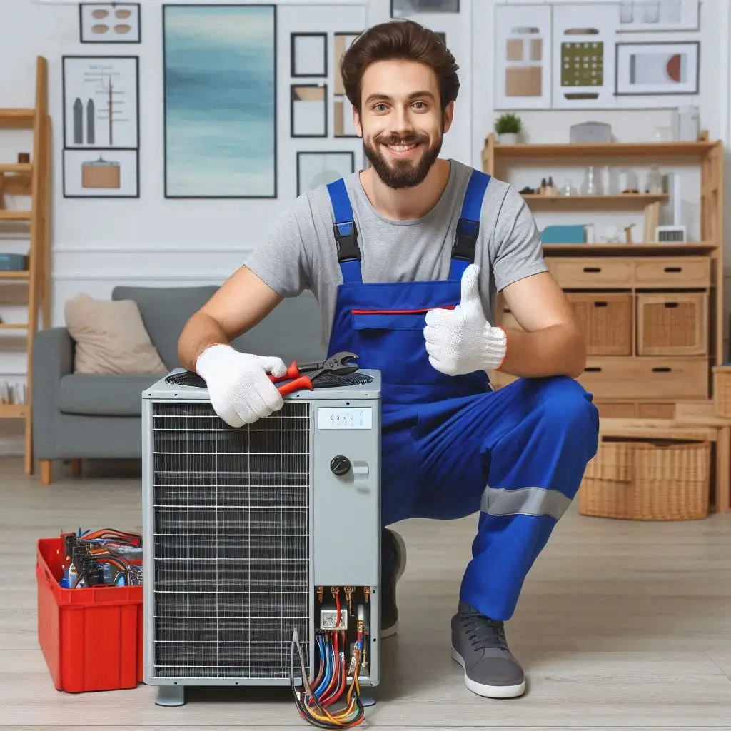 "An HVAC technician professionally installing a comfort heating and cooling system in a home, ensuring proper setup and functionality."