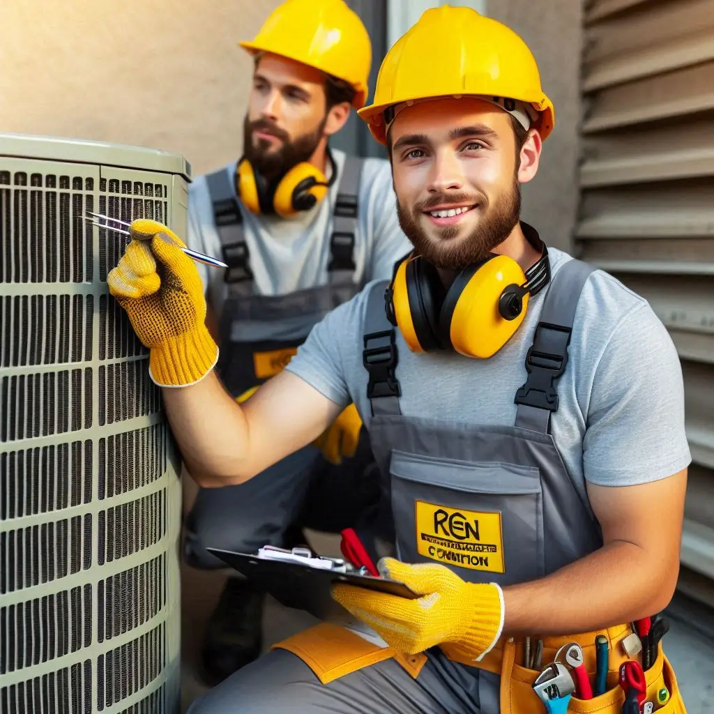 A certified HVAC technician inspecting an air conditioning unit, wearing a uniform with a company logo and safety gear.