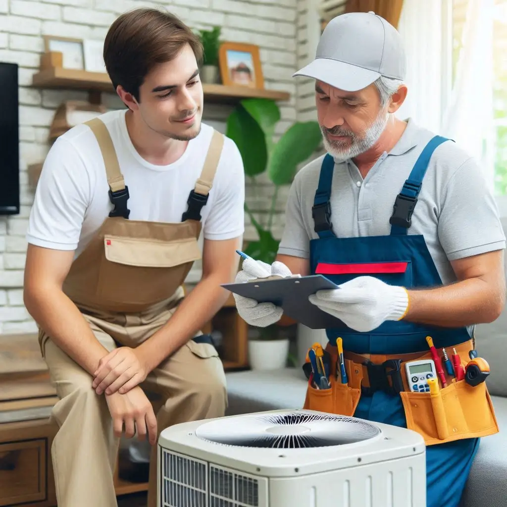 : A certified HVAC technician in uniform using diagnostic tools to check an air conditioning unit while explaining the issue to a homeowner.]