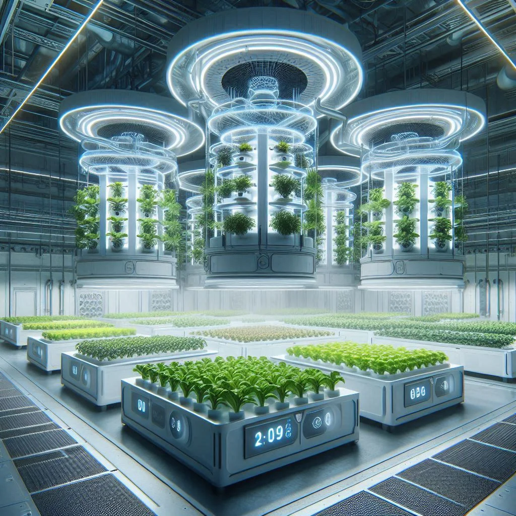 A high-tech indoor hydroponic farm with an advanced air conditioning system, showcasing plants growing in a controlled environment with visible airflow indicators.